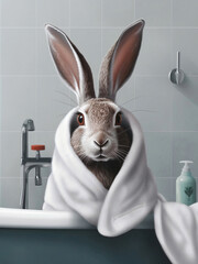 rabbit a in Bath,  bunny bathing in the bathtub, funny animal, bathroom Interior safari poster, generative ai