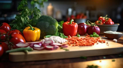 Foto op Canvas Wooden chopping board with fresh vegetables on a kitchen background © MP Studio