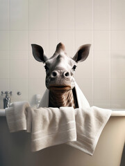 rhinoceros in Bath, rhinoceros bathing in the bathtub, funny animal, bathroom Interior safari poster, generative ai	