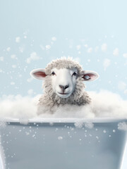 sheep in Bath, sheep bathing in the bathtub, funny animal, bathroom Interior safari poster, generative ai	