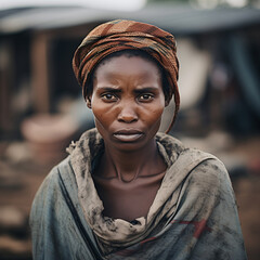 Portrait of African woman in poor village - obrazy, fototapety, plakaty