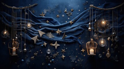 A celestial-inspired flat lay with star-shaped ornaments, moonlit fairy lights, and dark blue hues, capturing the magic of a winter night sky - Generative ai