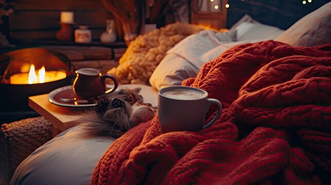 A cozy and warm composition with knitted blankets, fluffy socks, and steaming mugs of spiced cider, inviting you to snuggle up - Generative ai