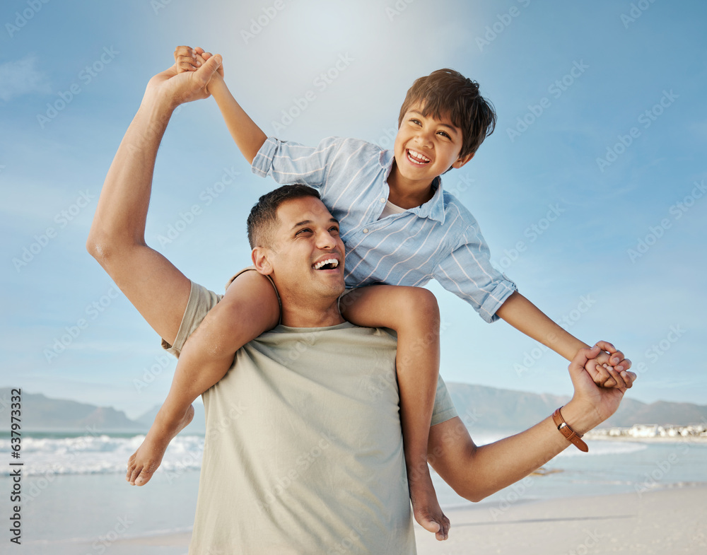 Poster Father, child on beach with piggy back, smile and playing together in summer waves on tropical island holiday. Fun, dad and boy on ocean vacation with love, support and relax with blue sky in Hawaii.