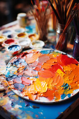 Fototapeta premium Colorful palette and paintbrushes over abstract artwork 