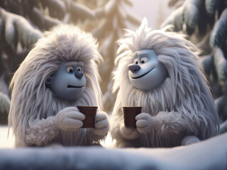 Funny white yeti with his girlfriend drinking hot coffee