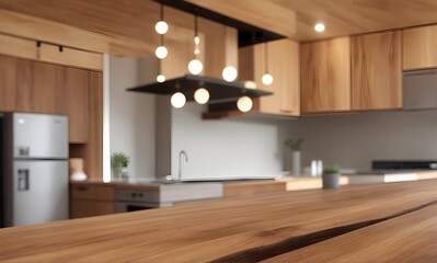 Empty wooden or marble table for cutting products or food with modern kitchen background.