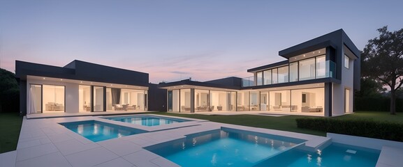 Obraz premium Exterior of modern minimalist cubic villa with swimming pool at sunset. Generative AI