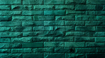 abstact aged brick stone wall in green color tone, close up view, used as background with blank space for design. teal color of modern style design decorative uneven cracked real stone wall surface.