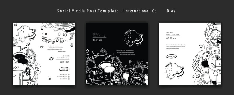 Set of social media post template in black white of coffee doodle art design for coffee day campaign