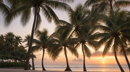 Fototapeta na wymiar Park along the sea beach and tropical coconut trees at sunset. In the evening, the weather is pleasant to relax when tired. evening atmosphere sit and watch the sunset. Generative AI