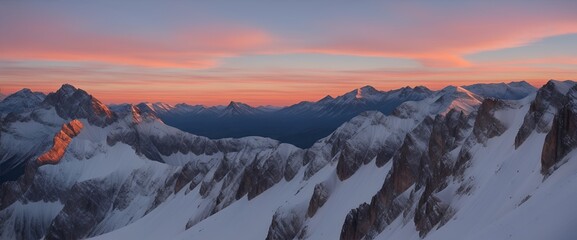 Stunning sunset shots over towering snowy mountains. And lively, peaceful, natural colors in the morning or evening. Generative AI