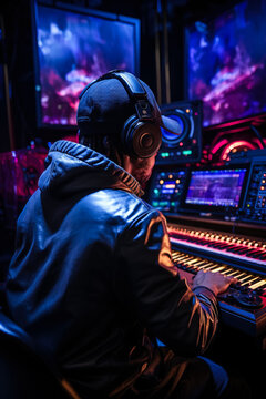 Music producer working in recording studio back view neon light 