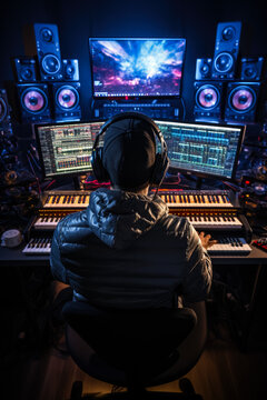 Music producer working in recording studio back view neon light 