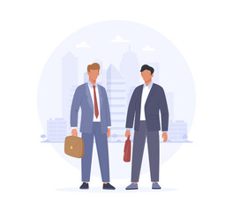 Business people in suits standing on the city background. Two male character holding briefcases