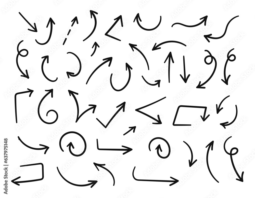 Fototapete Hand drawn arrows collection Set simple flat arrows isolated on white background. Arrow mark icons and arrow paint. Stock vector. EPS10.