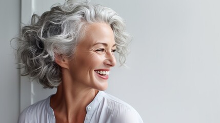 Beautiful gorgeous 50s mid age beautiful elderly senior model woman with grey hair laughing and smiling. Generative AI