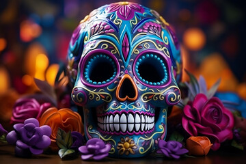 Fototapeta premium Vibrant Day of the Dead sugar skull with traditional calavera decoration celebrating Dia de los Muertos