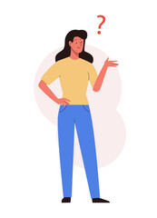 Woman thinking with question mark. Female character design in asking pose