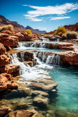 Waterfall in mountains with stones and rocks stone desert 