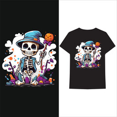 Kawaii skeleton celebrating Halloween vector t-shirt design.