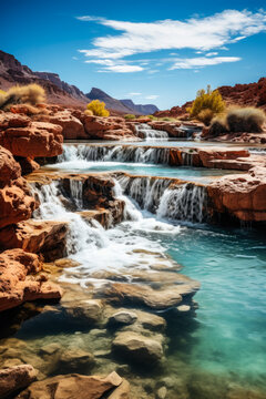 Waterfall in mountains with stones and rocks stone desert © fotogurmespb