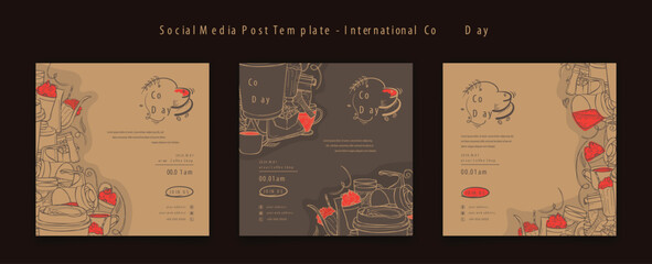 Set of social media post template for international coffee day campaign in doodle art background