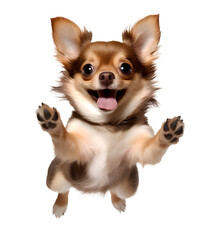An excited chihuahua puppy jumping into the air. Transparent background.