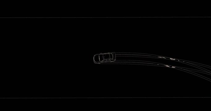 3D animation of sports car driving around in circles in black and white render