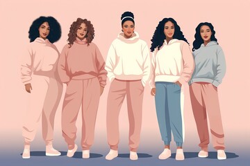 Fototapeta premium group of women of different sizes and various races standing together in tracksuits on a pastel color background
