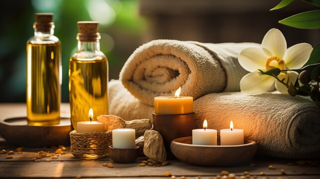 Premium Spa Essentials Close-up: Oils, Towels, and Candles, generative Ai