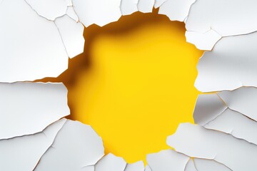 Paper hole in white paper with ragged edges with yellow background