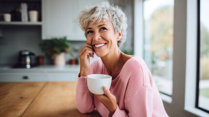 Beautiful woman smiling with a cup of coffee in the kitchen of her home