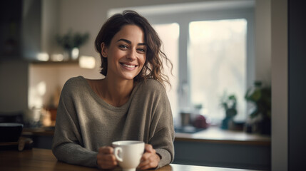 Beautiful woman smiling with a cup of coffee in the kitchen of her home