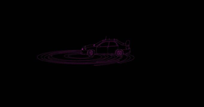 3D animation of a rally car doing donut spins and going round in circles
