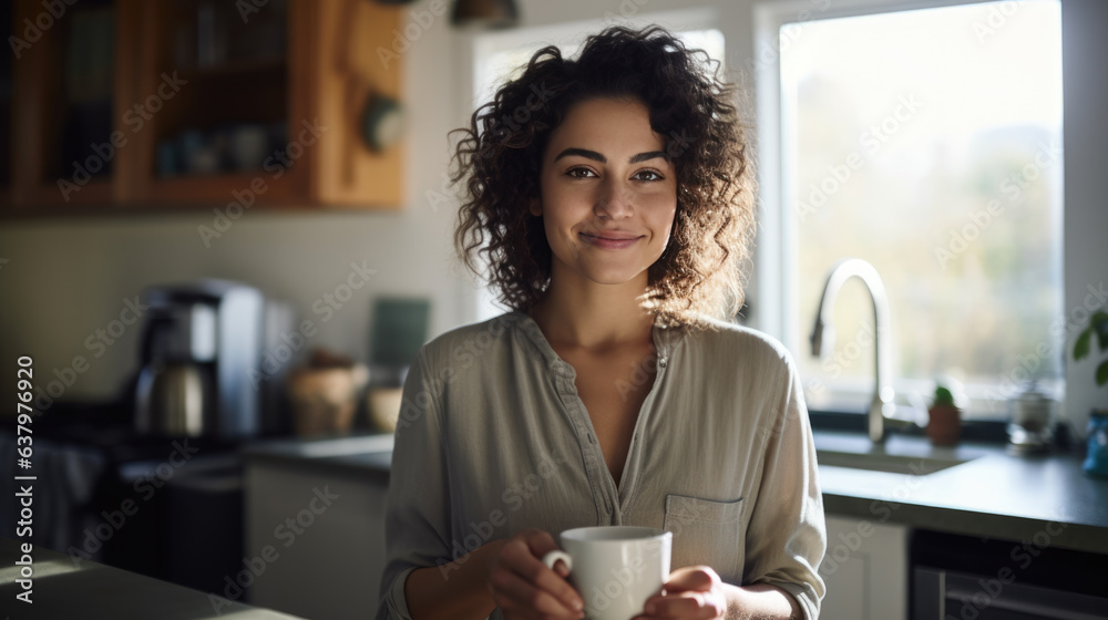 Wall mural beautiful woman smiling with a cup of coffee in the kitchen of her home