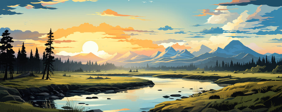 River valley view landscape with soft afternoon light flat 2d vector illustration 