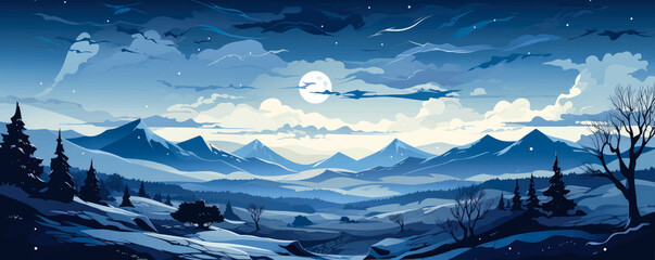 Snowy hill view landscape with clear moonlit night flat 2d vector illustration 