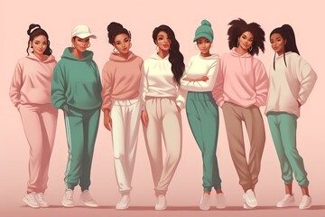 group of women various races standing together in tracksuits on a pastel color background