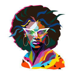 Abstract female, portrait in fashion style. African american woman, fashion model in modern trendy sunglasses and afro hairstyle,  Trendy colorful portrait vector illustration, icon
