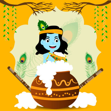 Indian Festival Happy Janmashtami Vector Illustration Hand Drawn Creative Design & Background 