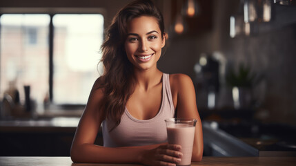 Sporty girl on a diet made a smoothie in the kitchen - obrazy, fototapety, plakaty