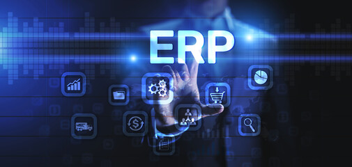 ERP Enterprise resources planning SAP business process automation internet technology concept.
