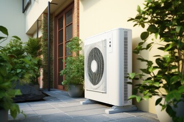 Air source heat pump installed in residential building. Sustainable and clean energy at home. Generative AI
