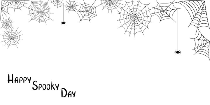 Halloween holiday horizontal banner of spider and cobwebs with hanging insect, minimal style simple vector illustration, horizontal poster, festive invitation, header for website, sale announcement