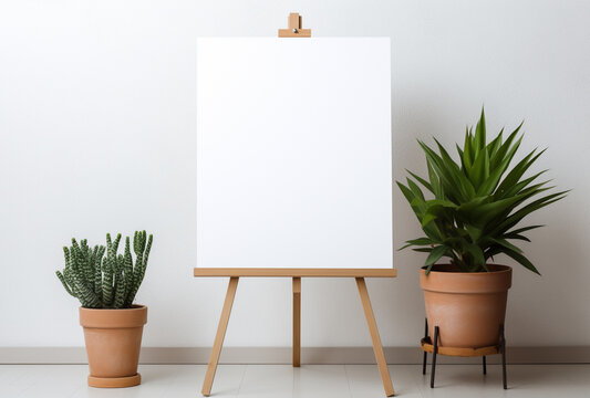 Blank white canvas on easel in the room, stock photo