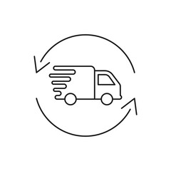 Truck in circular arrow. Shipment process icon line style isolated on white background. Vector illustration