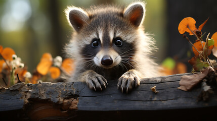 Autumn background with a raccoon, the concept of melancholy and home comfort - obrazy, fototapety, plakaty