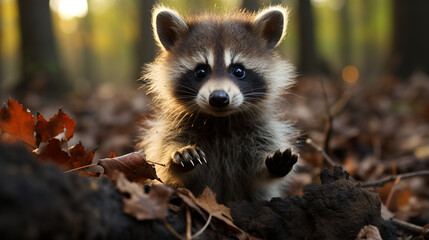 Nostalgic Moments, a Raccoon Immersed in the Fall, Signifying Melancholy and Warmth of Home