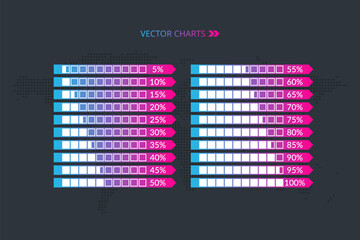 5 10 15 20 25 30 33 35 40 45 50 55 60 65 70 75 80 85 90 95 100 percent arrow chart. Dotted world map. Vector percentage set for download, infographic, progress, business, finance - 637980138